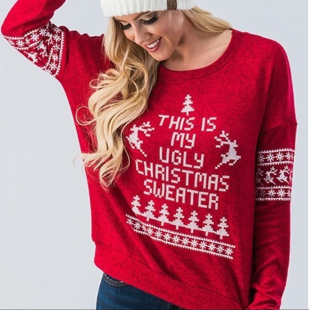 Spadehill Holiday Ugly Christmas Sweater T Shirt Red